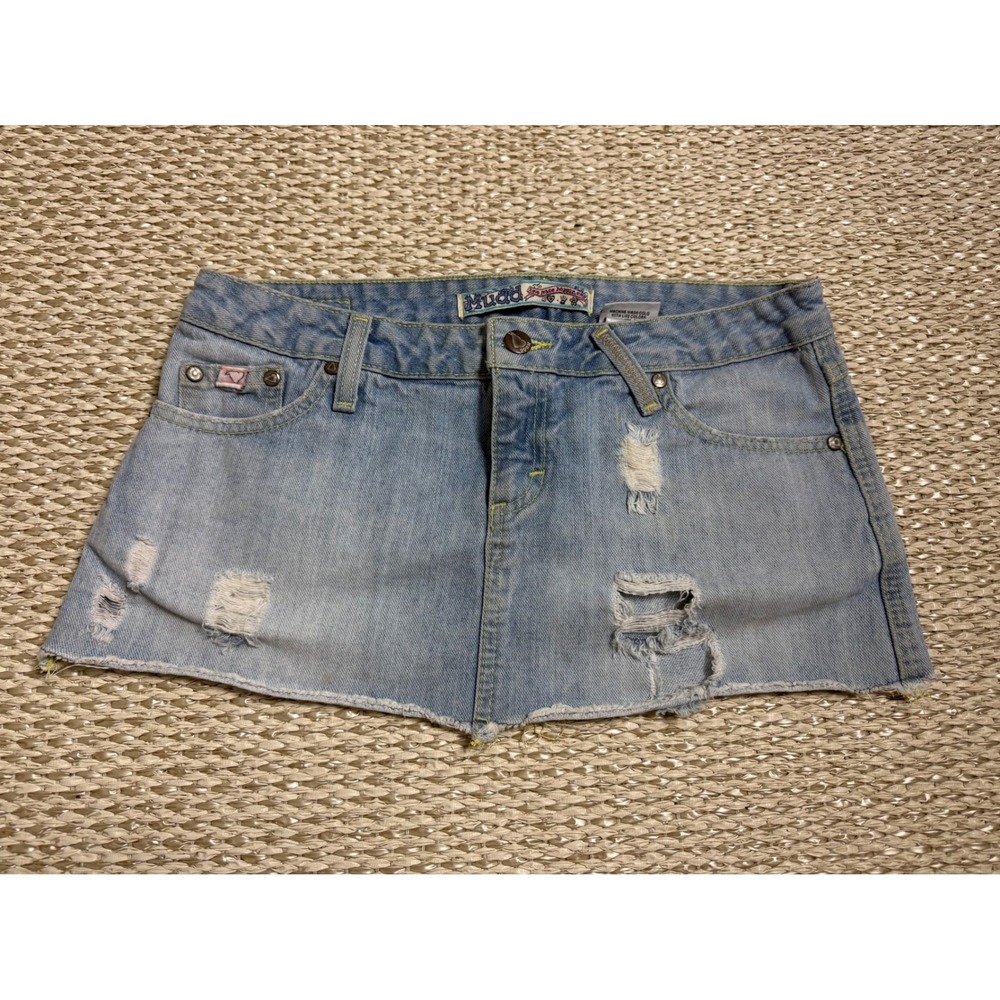 Mudd Vintage Y2K Distressed Denim Mini Skirt Light Wash Low Rise Size 5